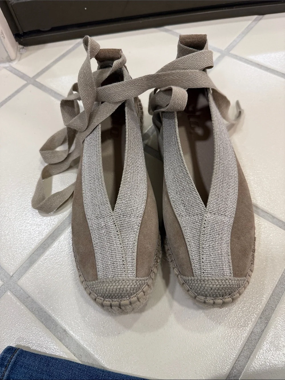 Suede Wrap Espadrille Flats in Taupe